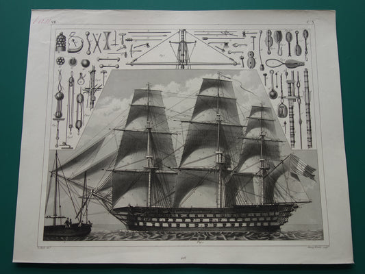 Oude prent oorlogsschip linieschip originele antieke print driemaster maritieme vintage prints scheepsprent