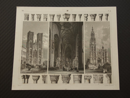 Kathedraal Brussel & Antwerpen Oude architectuur prent 1849 originele antieke illustratie gravure middeleeuwse kapitelen