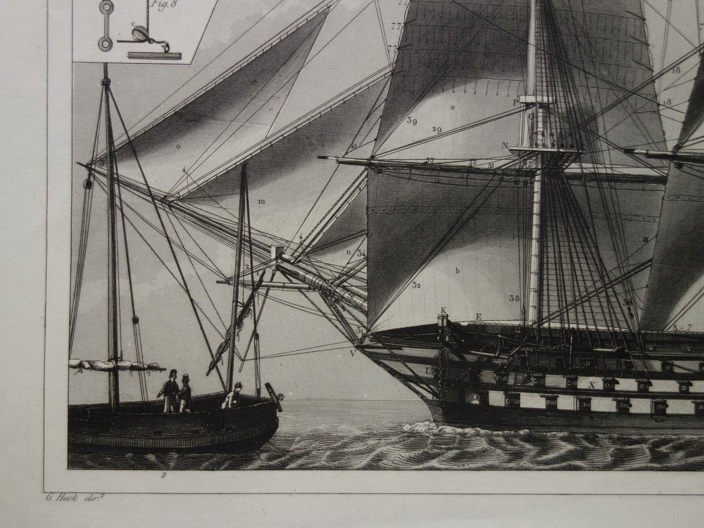 Oude prent oorlogsschip linieschip originele antieke print driemaster maritieme vintage prints scheepsprent