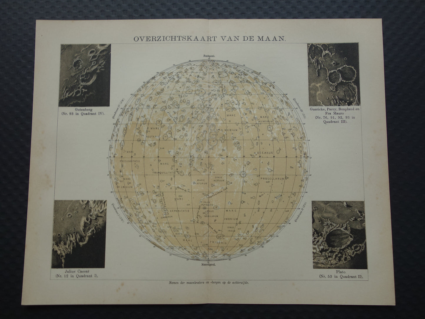 MAAN oude astronomie prent over de Maan 1909 originele vintage print oppervlak van de maan kraters