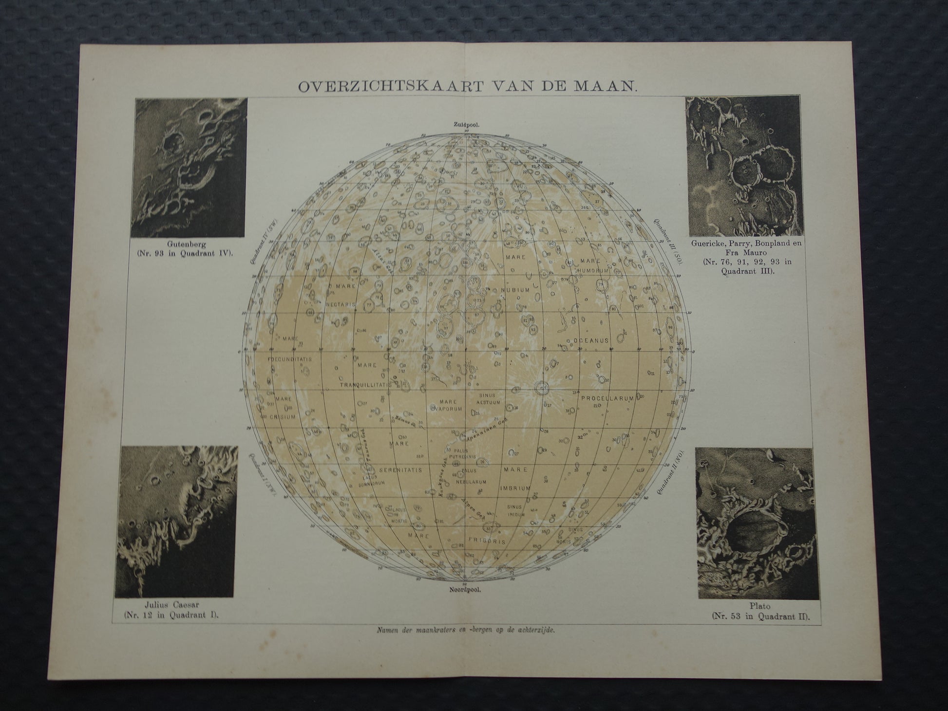 MAAN oude astronomie prent over de Maan 1909 originele vintage print oppervlak van de maan kraters