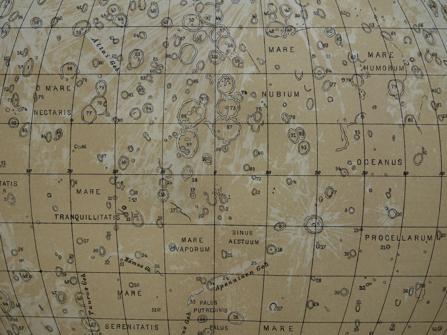 MAAN oude astronomie prent over de Maan 1909 originele vintage print oppervlak van de maan kraters