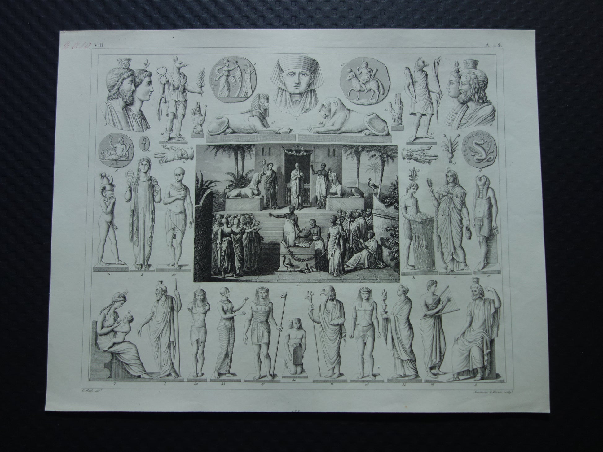 Oude prent over Egyptische Goden 1849 originele antieke illustratie Isis Osiris Anubis in de oudheid Egyptologie geschiedenis prints gravure
