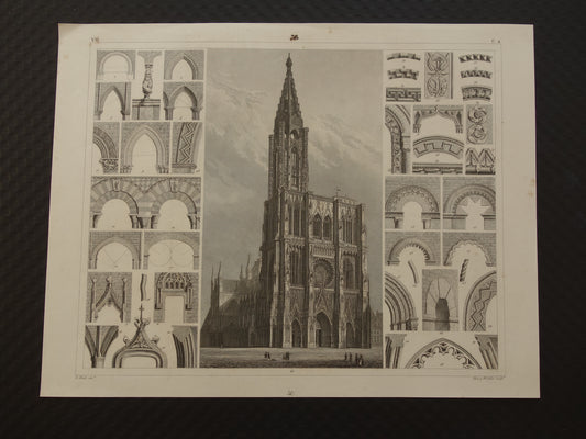 Straatsburg Kathedraal Oude architectuur prent 1849 originele antieke illustratie gravure