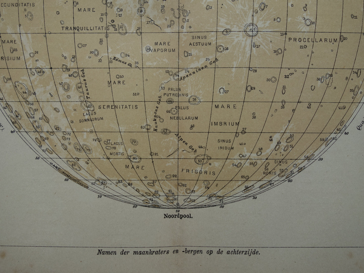 MAAN oude astronomie prent over de Maan 1909 originele vintage print oppervlak van de maan kraters