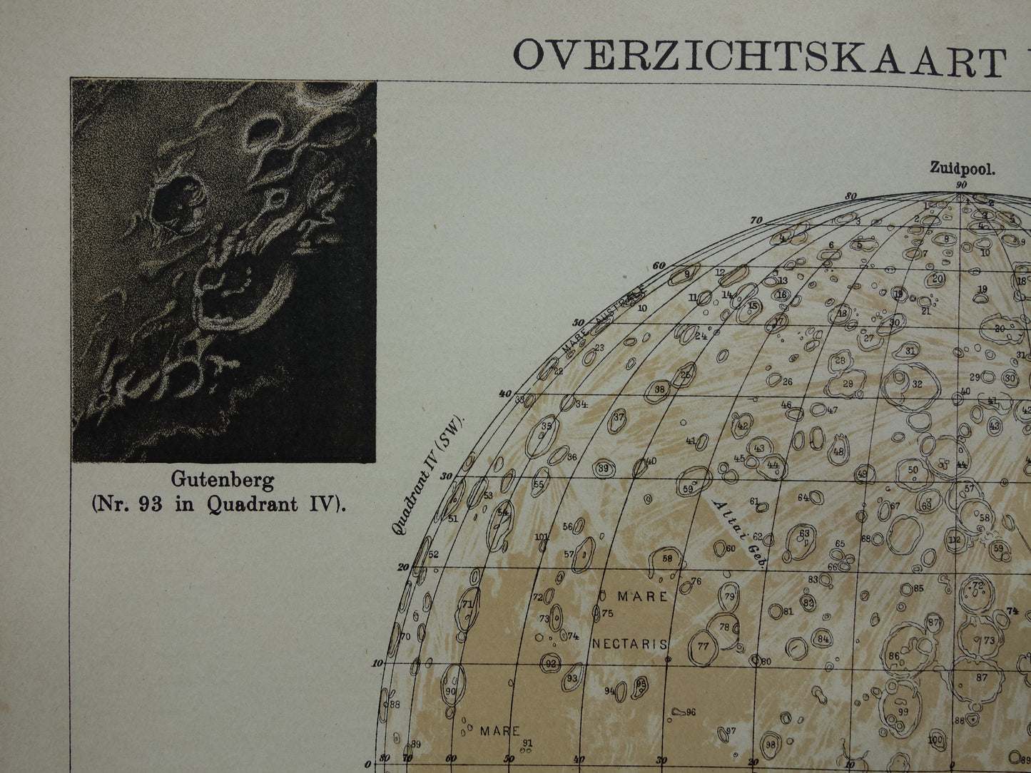 MAAN oude astronomie prent over de Maan 1909 originele vintage print oppervlak van de maan kraters