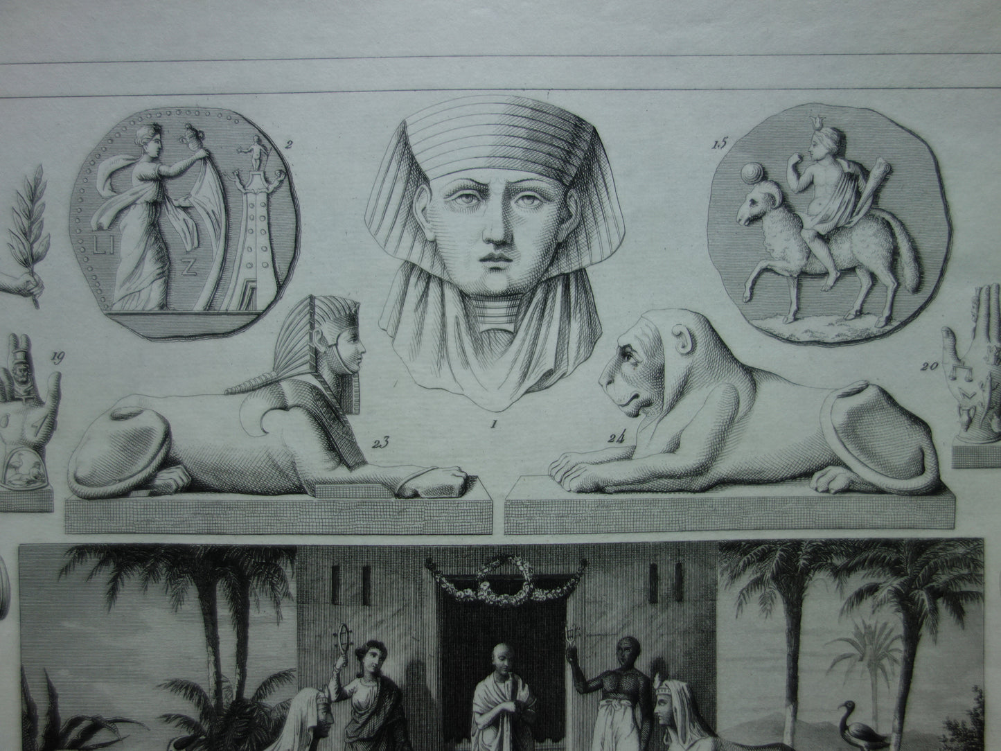 Old print about Egyptian Gods 1849 original antique illustration Isis Osiris Anubis in ancient times Egyptology history prints engraving