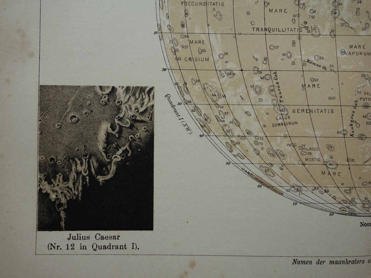 MAAN oude astronomie prent over de Maan 1909 originele vintage print oppervlak van de maan kraters