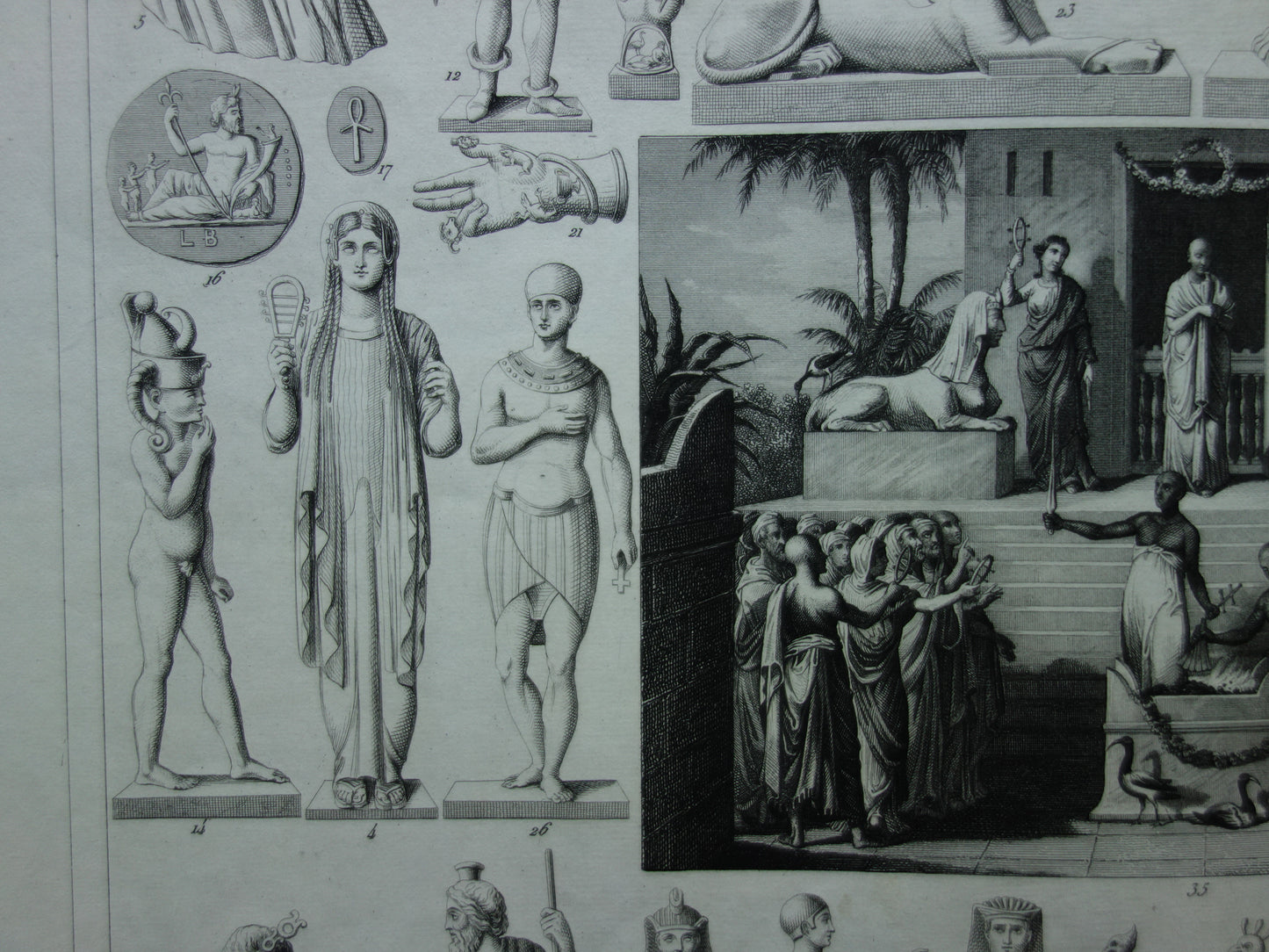 Old print about Egyptian Gods 1849 original antique illustration Isis Osiris Anubis in ancient times Egyptology history prints engraving