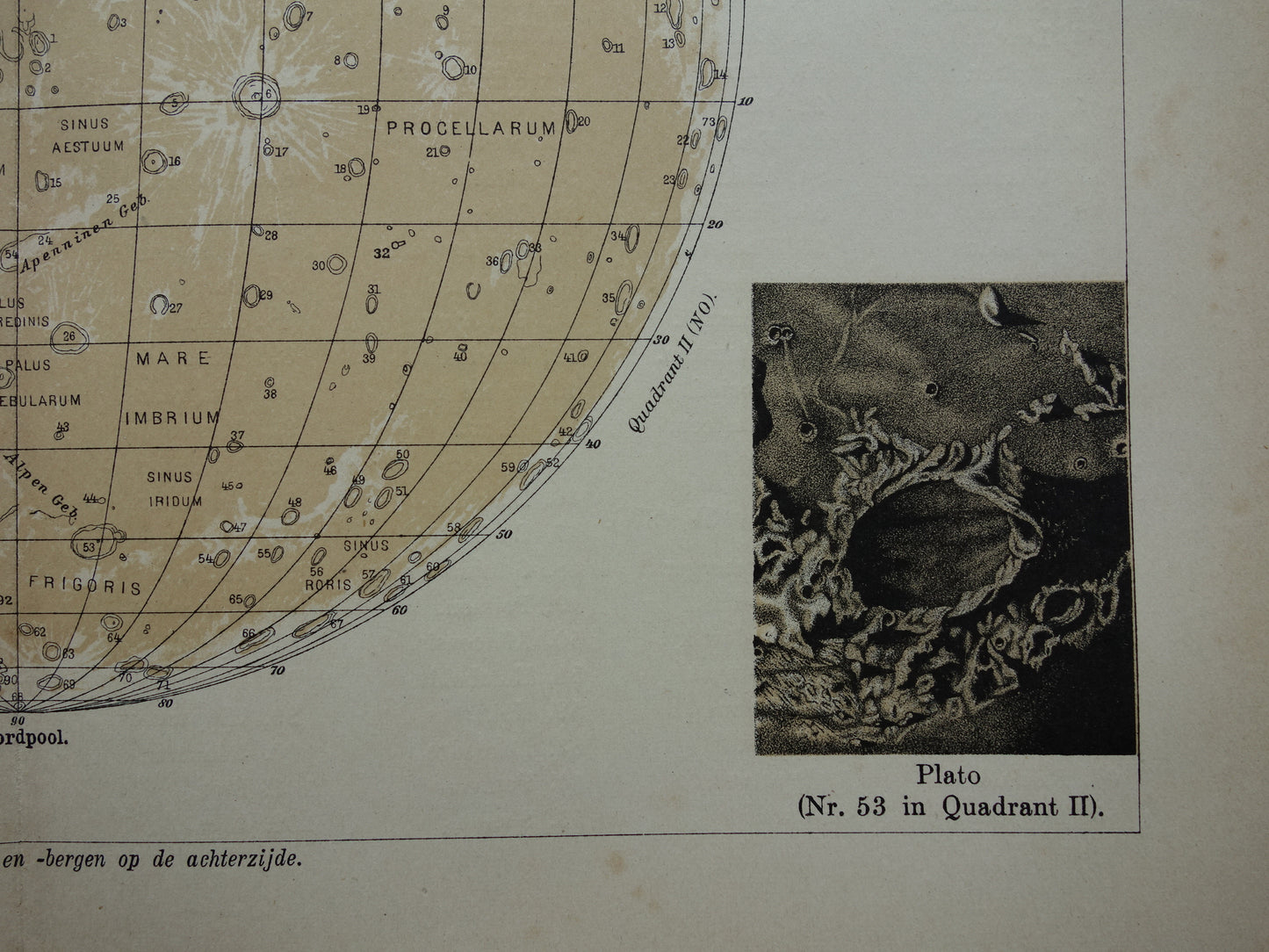 MAAN oude astronomie prent over de Maan 1909 originele vintage print oppervlak van de maan kraters