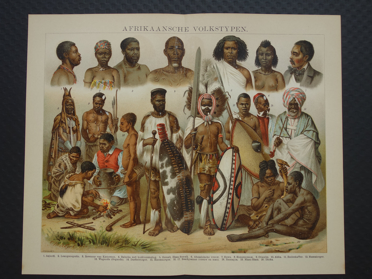 Oude prent Afrikaanse Volken Herero Massai Bosjesman Antieke illustratie stammen Antropologie Etnografie