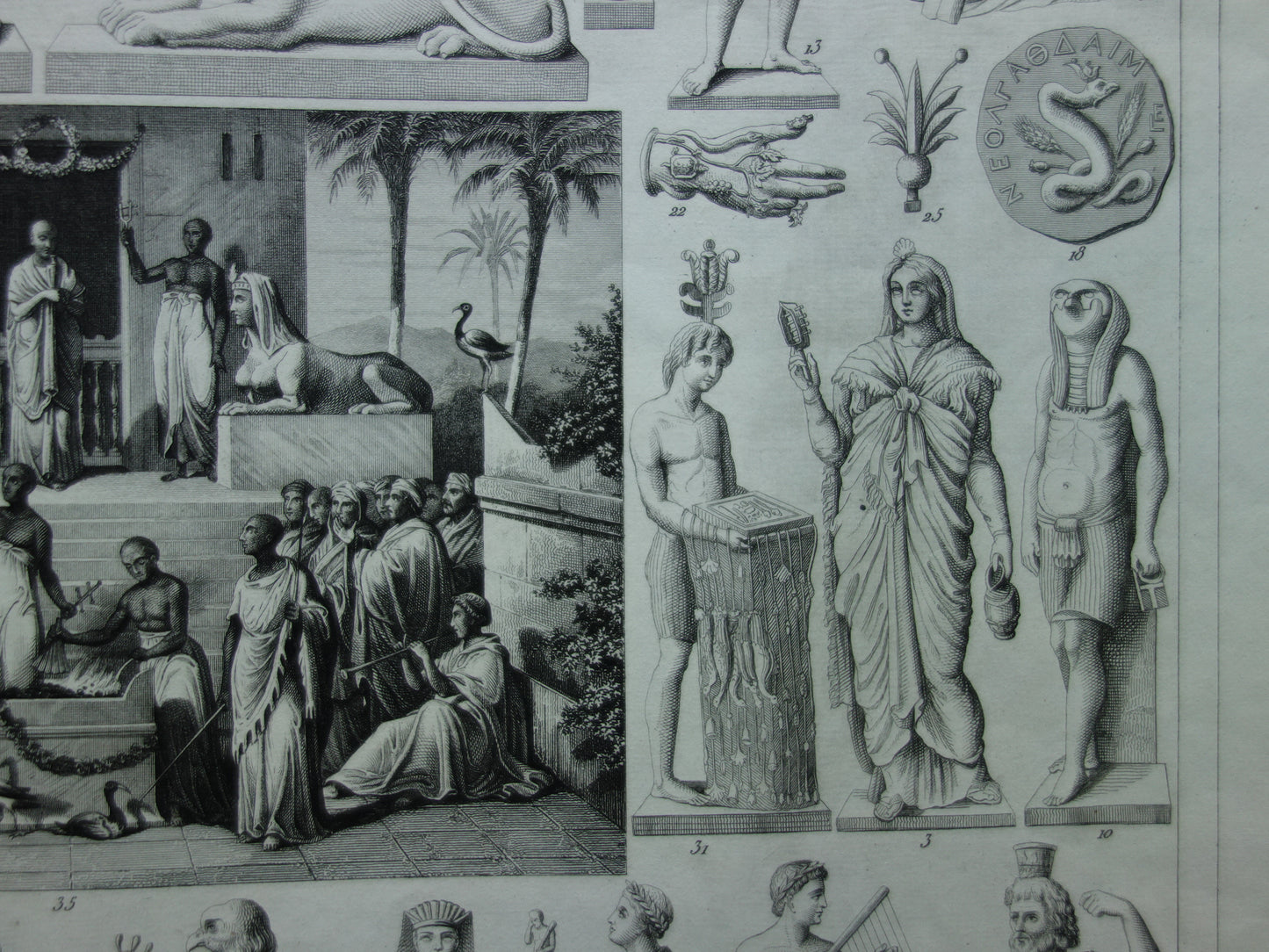 Old print about Egyptian Gods 1849 original antique illustration Isis Osiris Anubis in ancient times Egyptology history prints engraving