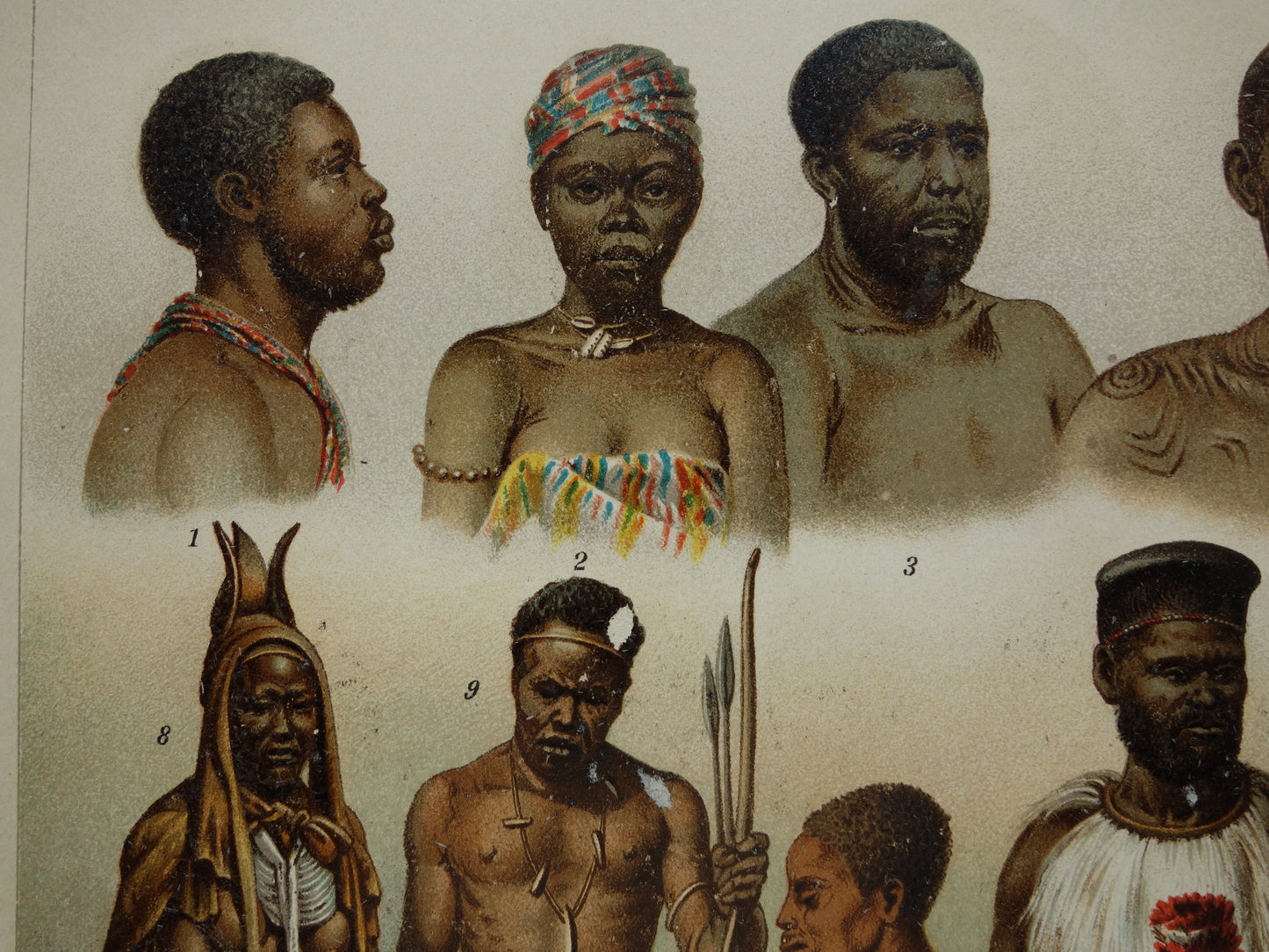 Oude prent Afrikaanse Volken Herero Massai Bosjesman Antieke illustratie stammen Antropologie Etnografie
