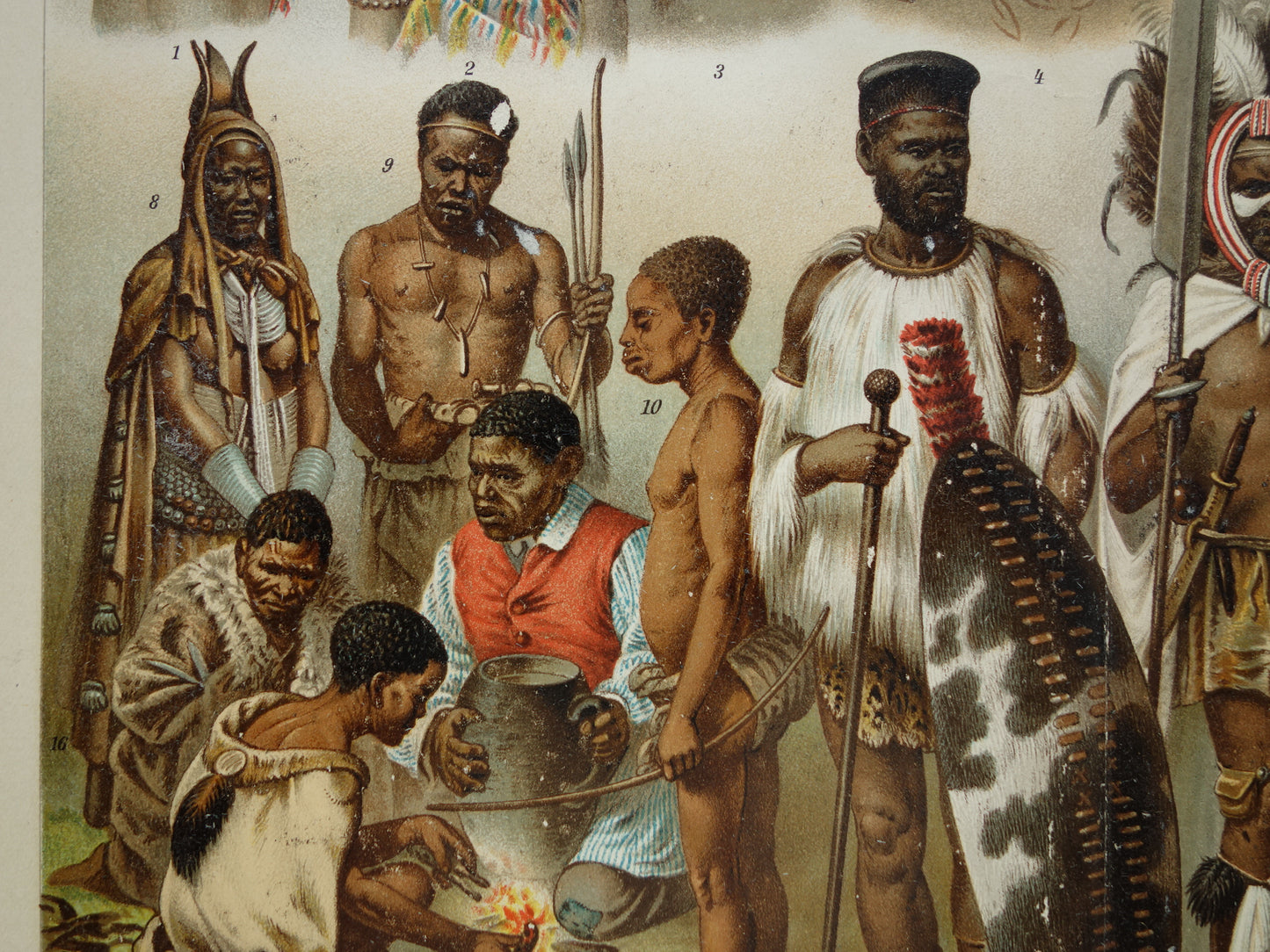 Oude prent Afrikaanse Volken Herero Massai Bosjesman Antieke illustratie stammen Antropologie Etnografie