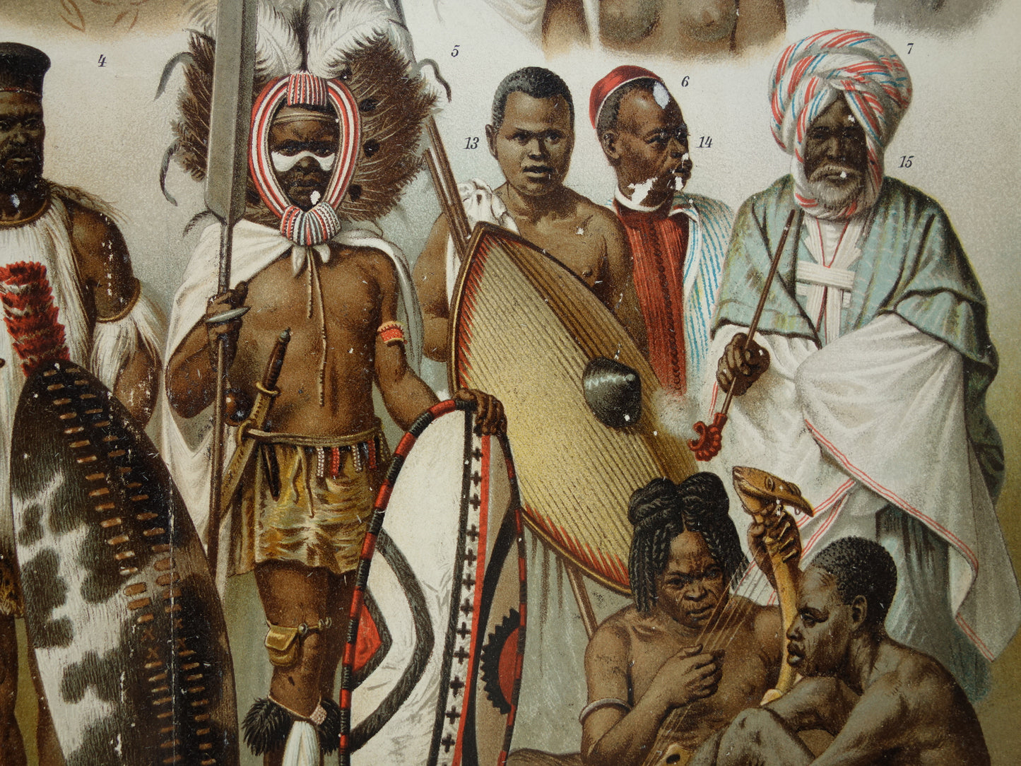 Oude prent Afrikaanse Volken Herero Massai Bosjesman Antieke illustratie stammen Antropologie Etnografie