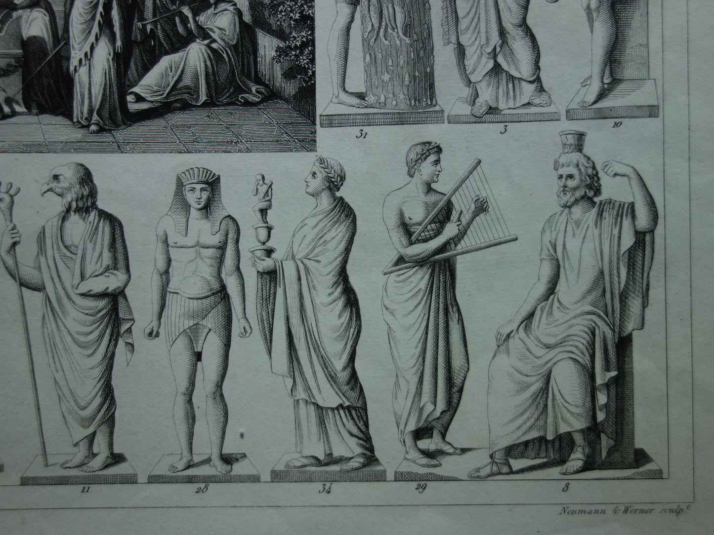 Old print about Egyptian Gods 1849 original antique illustration Isis Osiris Anubis in ancient times Egyptology history prints engraving
