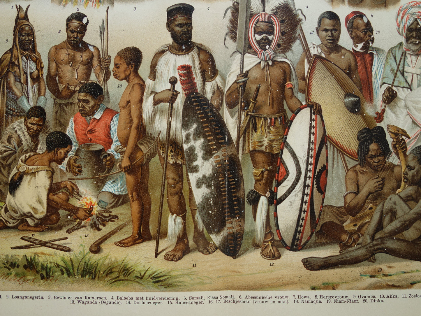 Oude prent Afrikaanse Volken Herero Massai Bosjesman Antieke illustratie stammen Antropologie Etnografie
