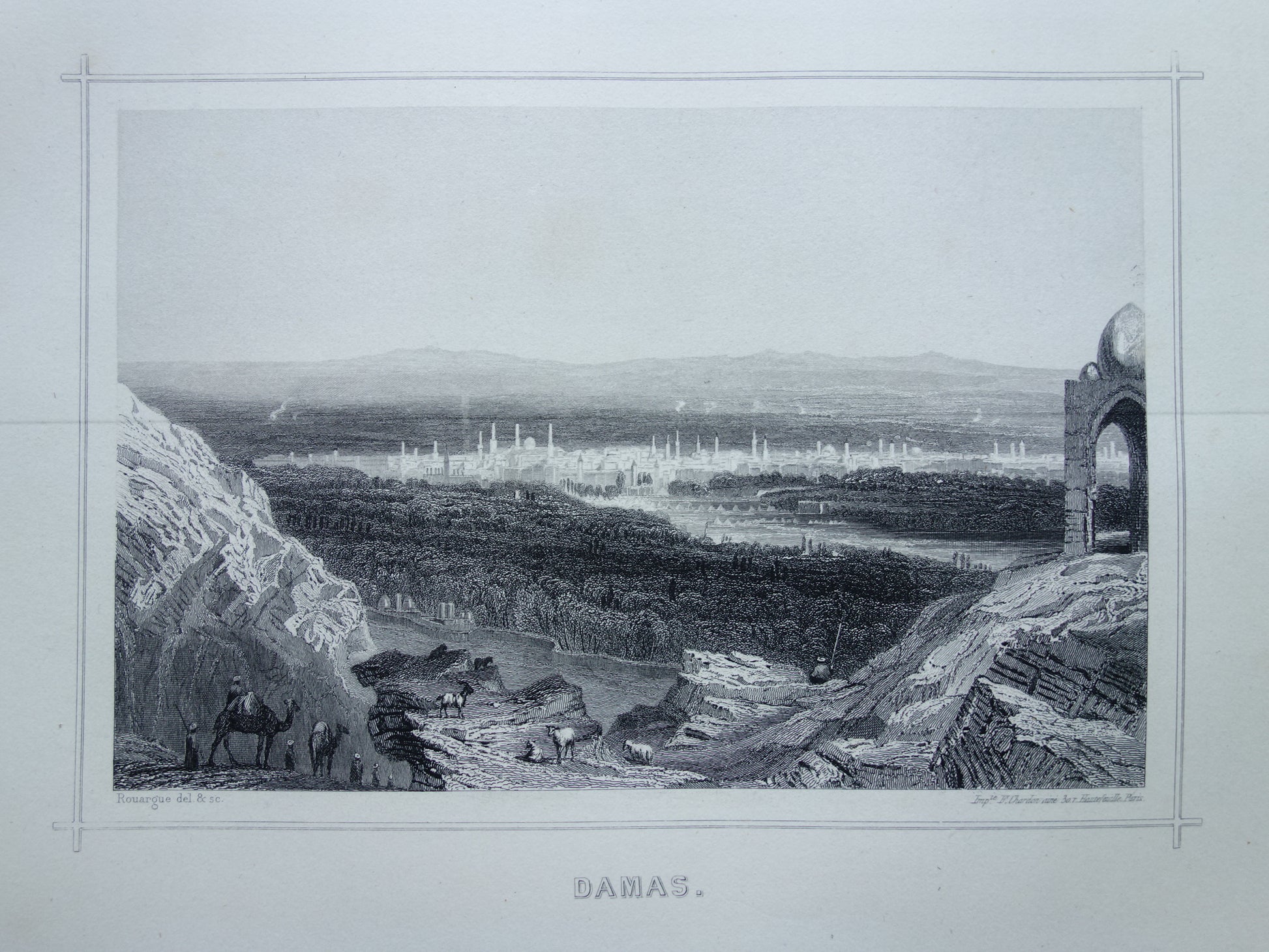 Oude prent van Damascus Syrië 1852 originele antieke gravure gezicht op Damascus