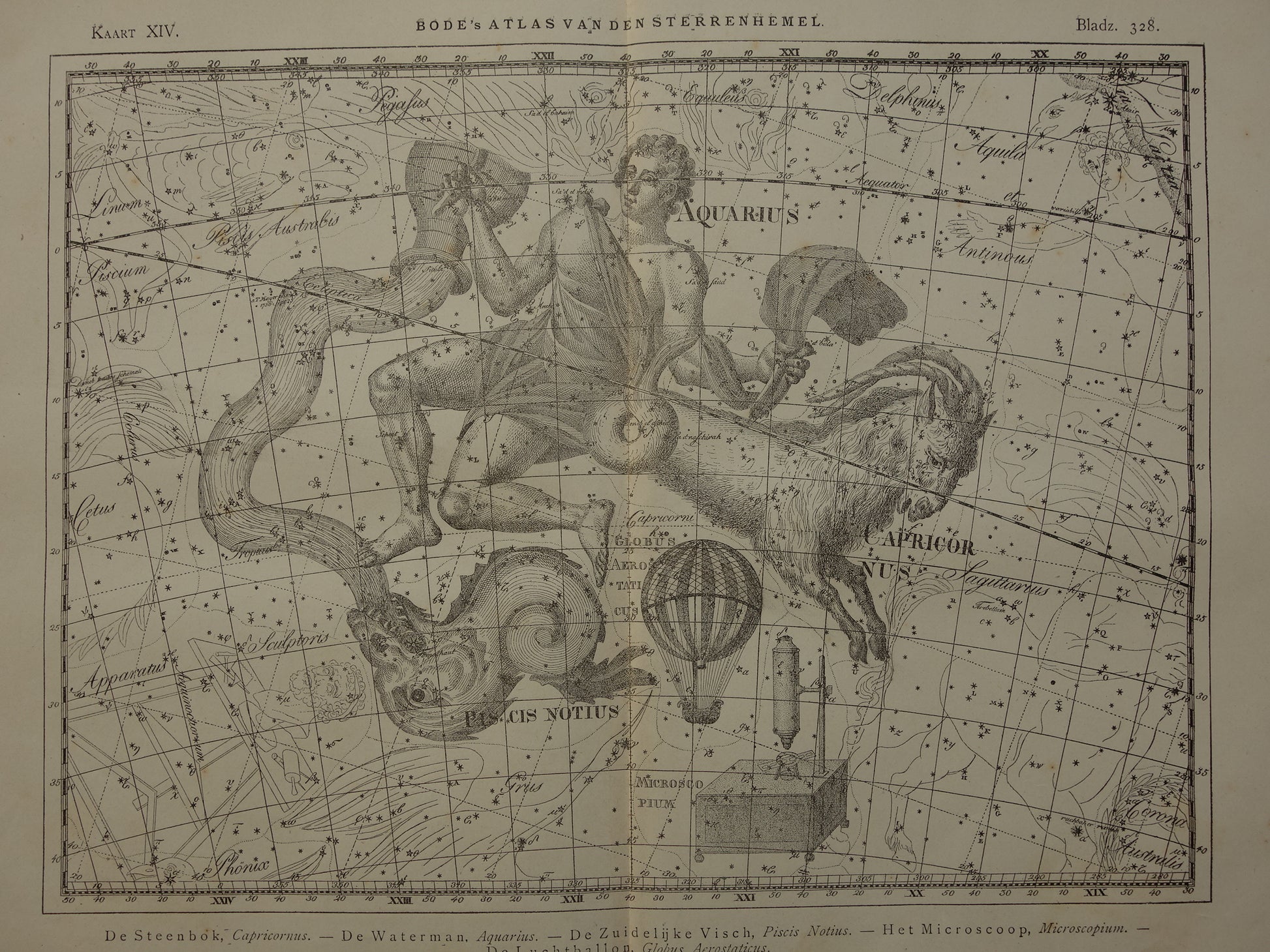 Waterman en Steenbok Oude astrologie prent van sterrenbeeld Antieke sterrenkaart astronomie sterrenbeelden vintage print