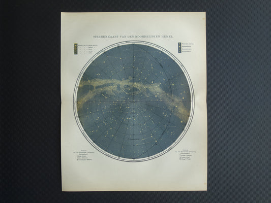 Oude Astronomie prenten van de noordelijke en zuidelijke sterrenhemel 1922 originele vintage Nederlandse prints sterren print
