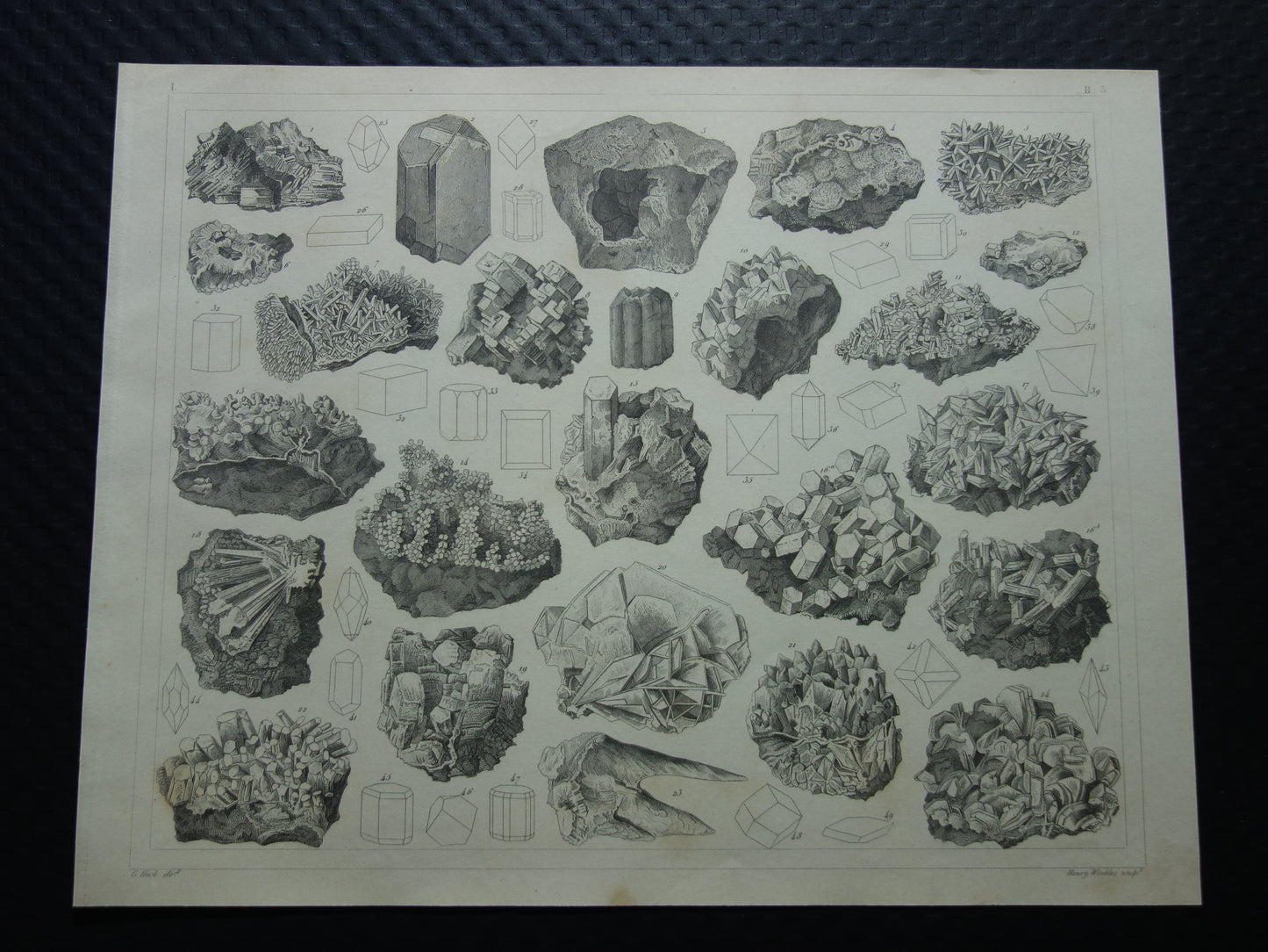 Mineralen en Kristallen antieke gravure 175+ jaar oude originele print kristal steen mineraal edelsteen vintage illustratie afbeelding mineralogie