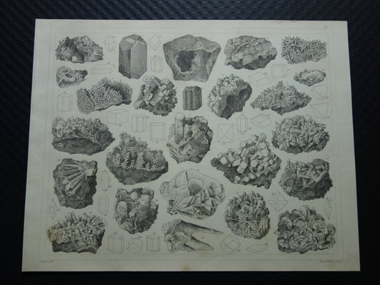 Mineralen en Kristallen antieke gravure 175+ jaar oude originele print kristal steen mineraal edelsteen vintage illustratie afbeelding mineralogie
