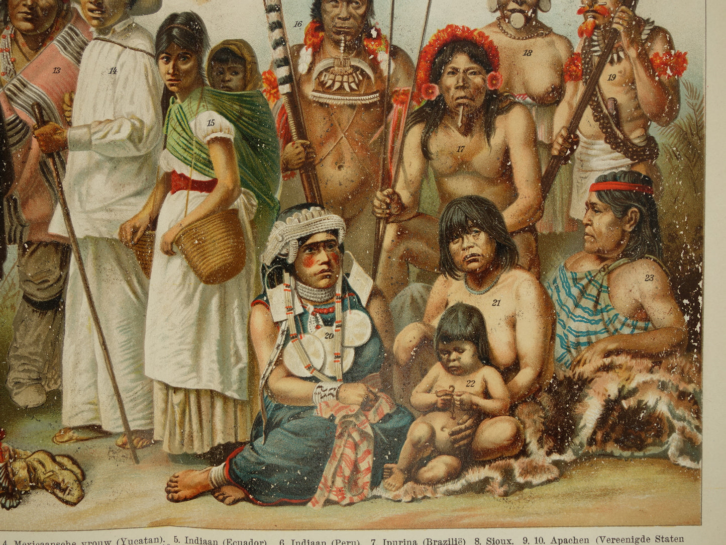 Oude prent van Indianen Antieke illustratie oorspronkelijke bewoners Amerika Antropologie Etnografie