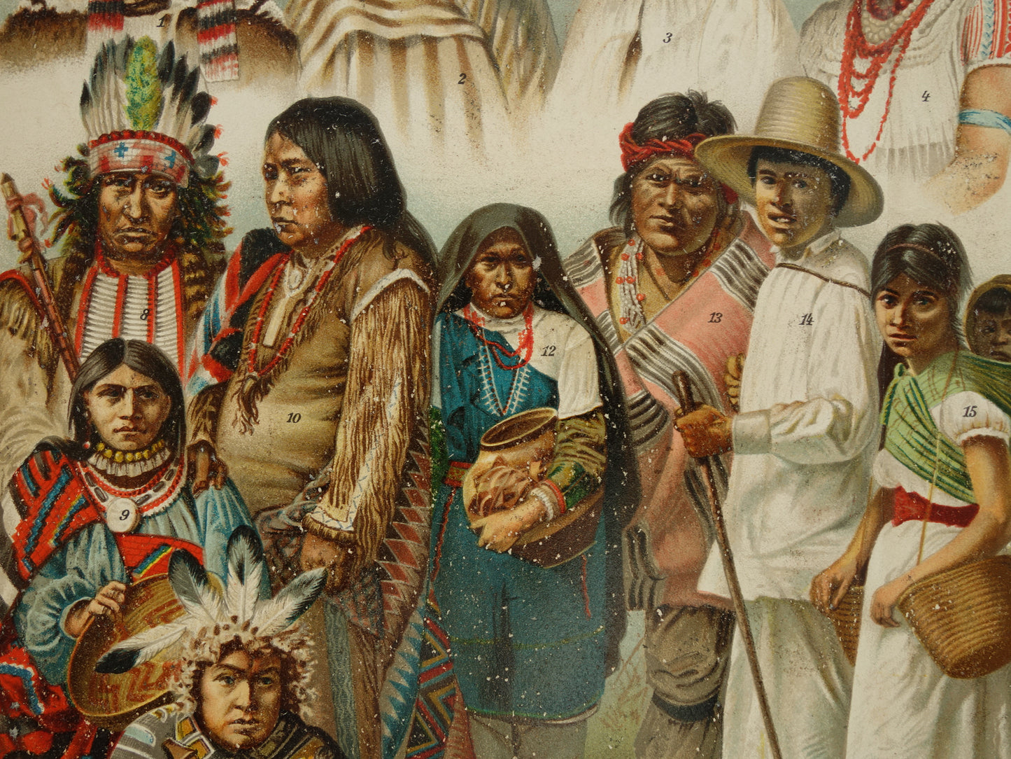 Oude prent van Indianen Antieke illustratie oorspronkelijke bewoners Amerika Antropologie Etnografie