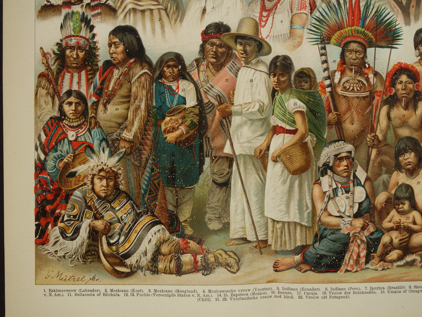 Oude prent van Indianen Antieke illustratie oorspronkelijke bewoners Amerika Antropologie Etnografie