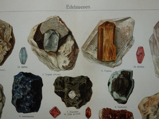EDELSTENEN oude prent uit 1929 Originele vintage Nederlandse illustratie edelsteen print