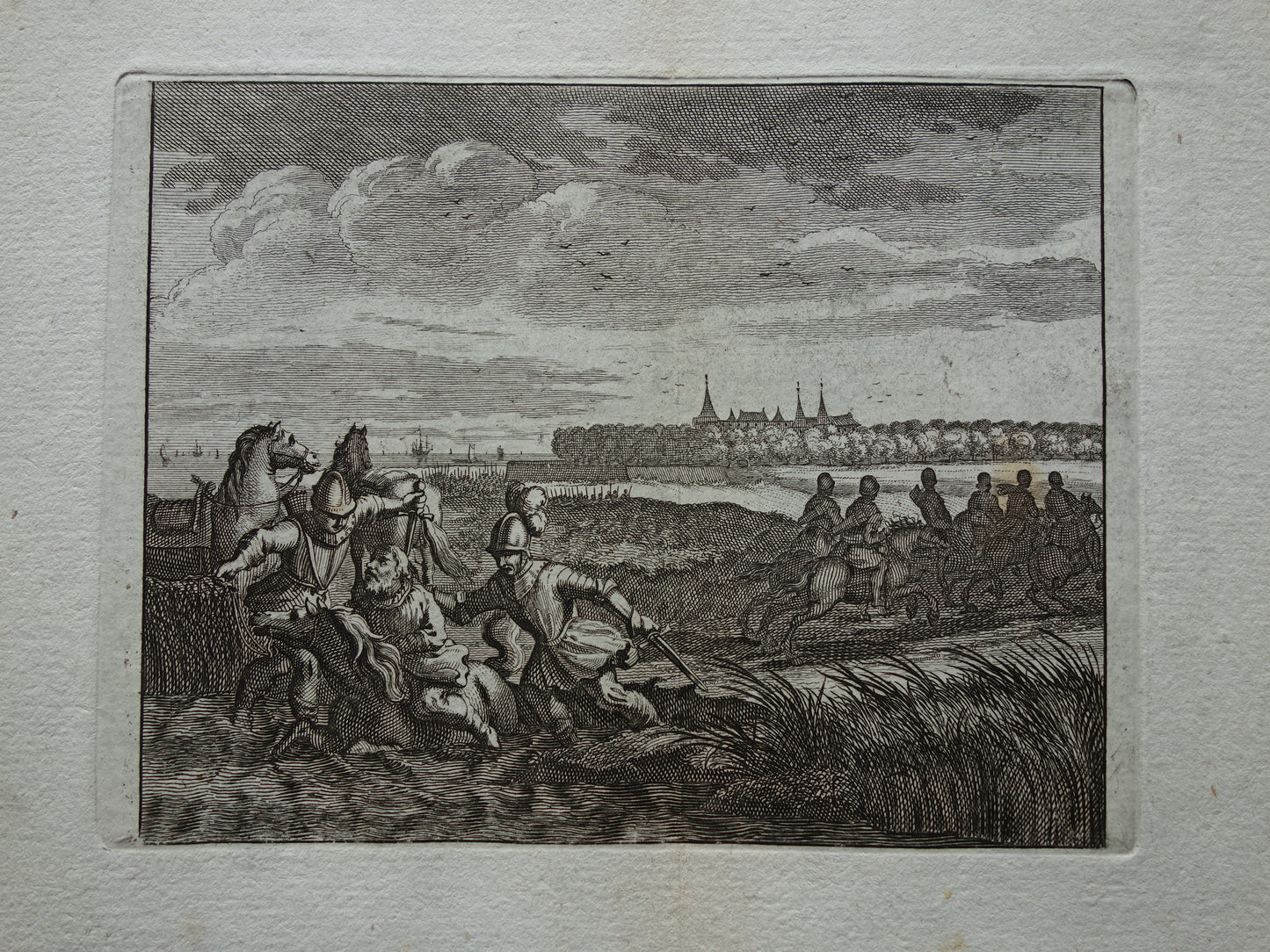 Graaf Floris V valt met zijn paard in het water oude gravure