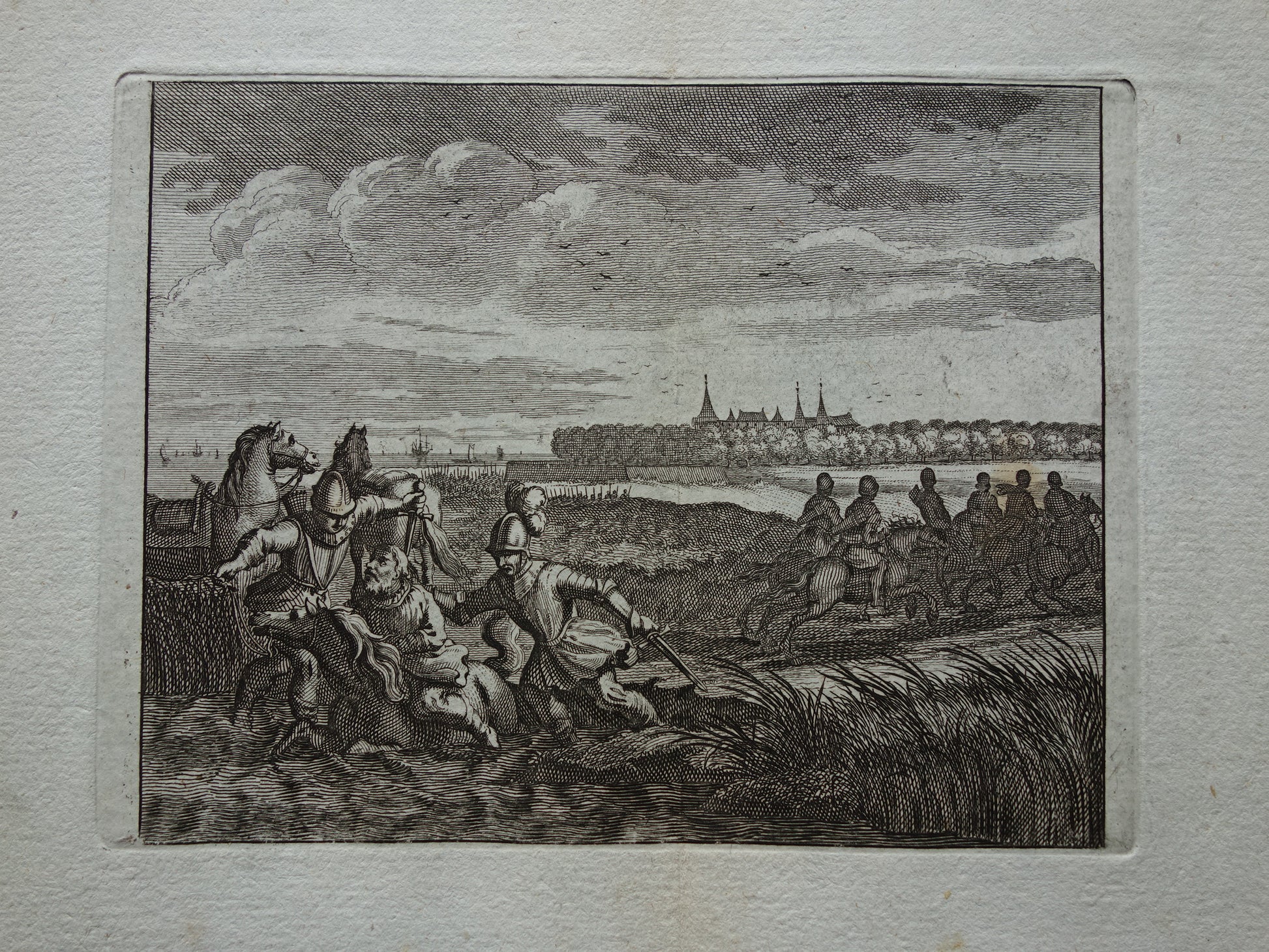 Graaf Floris V valt met zijn paard in het water oude gravure