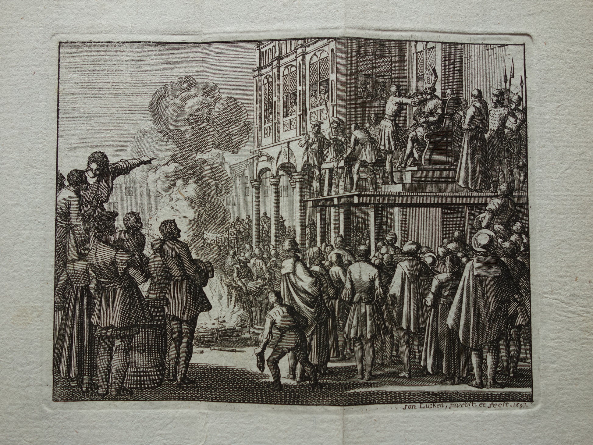 Zonderlinge rechtsokeeging nopens de Herdooper Jan van Campen voor het stadhuis in 1535