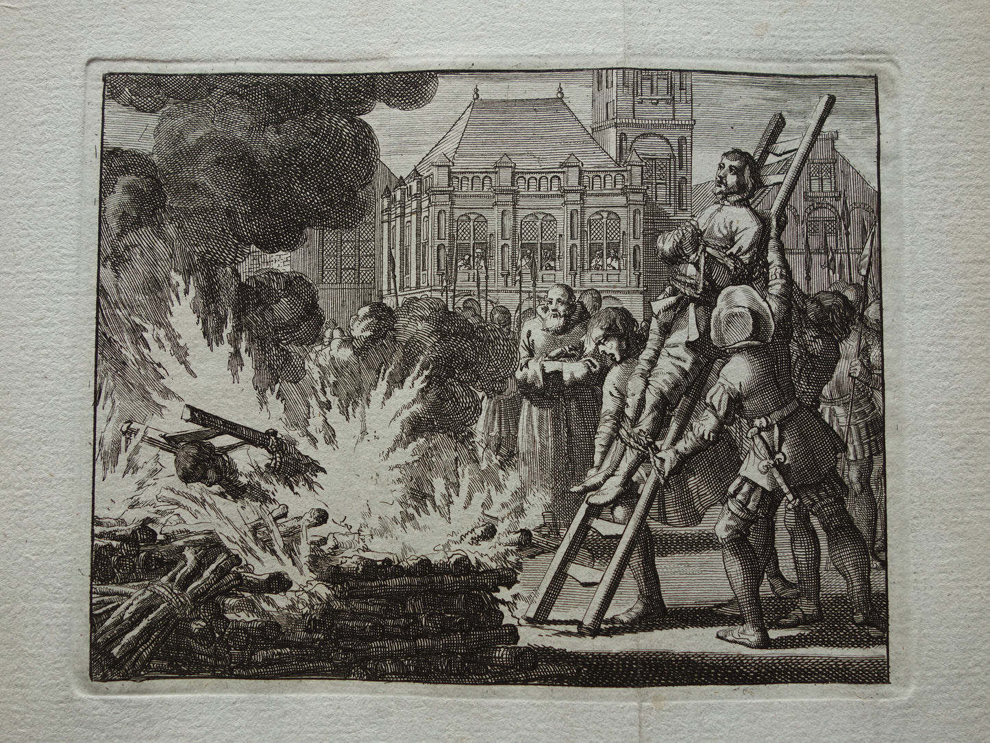 Veroordeling tot de brandstapel - Set van twee antieke prenten uit 1770 - Gravure Geschiedenis Amsterdam Wagenaar Spaanse Inquisitie Wederdopers