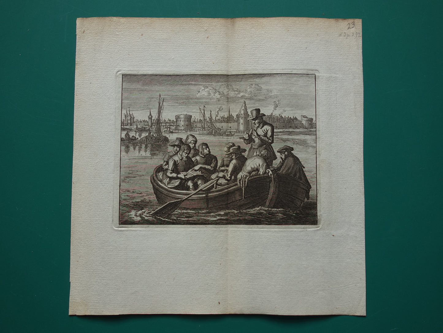 Wederdopers in een Roeiboot Antieke prent uit 1770 Gravure Geschiedenis Amsterdam Wagenaar Mennonieten