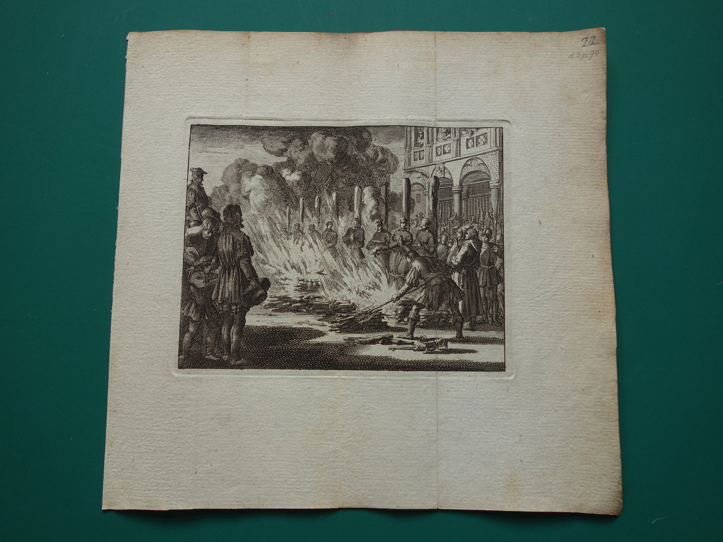Veroordeling tot de brandstapel - Set van twee antieke prenten uit 1770 - Gravure Geschiedenis Amsterdam Wagenaar Spaanse Inquisitie Wederdopers