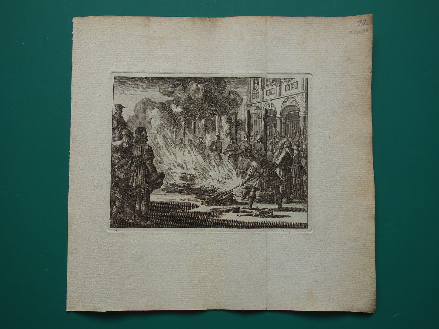 Veroordeling tot de brandstapel - Set van twee antieke prenten uit 1770 - Gravure Geschiedenis Amsterdam Wagenaar Spaanse Inquisitie Wederdopers