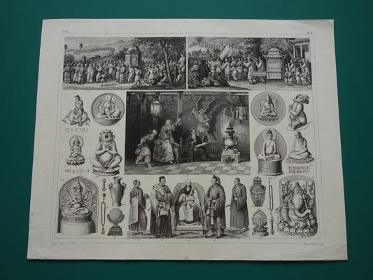 Oude prent over Oosterse religies 1849 originele antieke illustratie goden Boeddhisme vintage print Hindoeïsme Shinto
