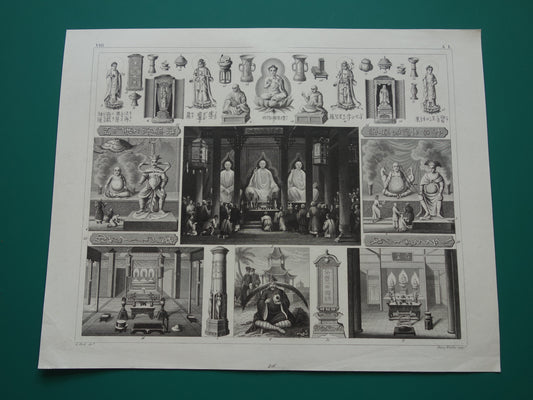 Oude prent over Oosterse religies 1849 originele antieke illustratie goden Boeddhisme vintage print Hindoeïsme