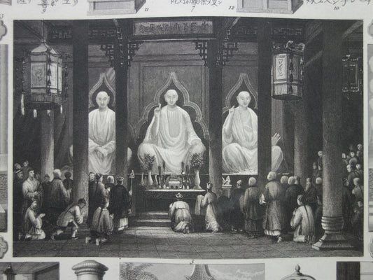 Oude prent over Oosterse religies 1849 originele antieke illustratie goden Boeddhisme vintage print Hindoeïsme