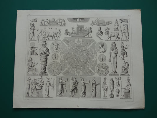Antieke prent van oud-Egyptische godsdienst en goden Originele 175+ jaar oude illustratie Osiris Isis Horus Priester vintage religie gravure prenten oudheid Egypte