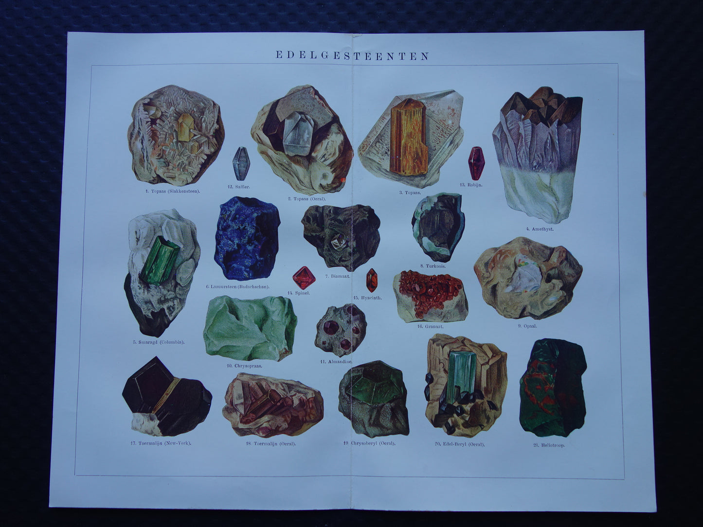 Antieke illustratie edelstenen Smaragd Topaas Toermalijn Oude prent uit 1916 Originele Nederlandse  edelsteen print Amethyst