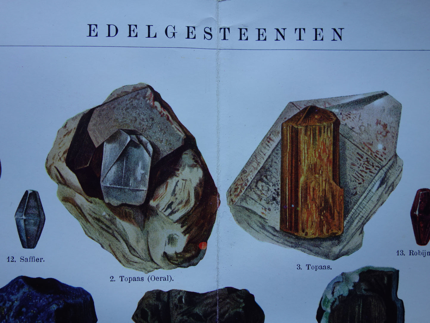 Antieke illustratie edelstenen Smaragd Topaas Toermalijn Oude prent uit 1916 Originele Nederlandse  edelsteen print Amethyst