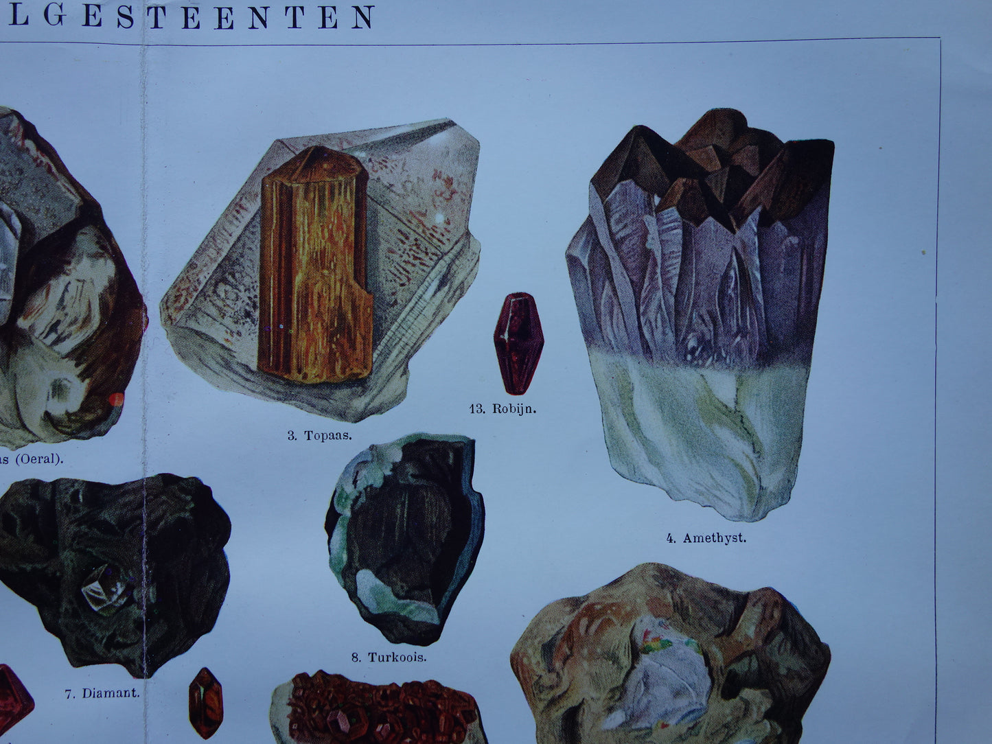 Antieke illustratie edelstenen Smaragd Topaas Toermalijn Oude prent uit 1916 Originele Nederlandse  edelsteen print Amethyst