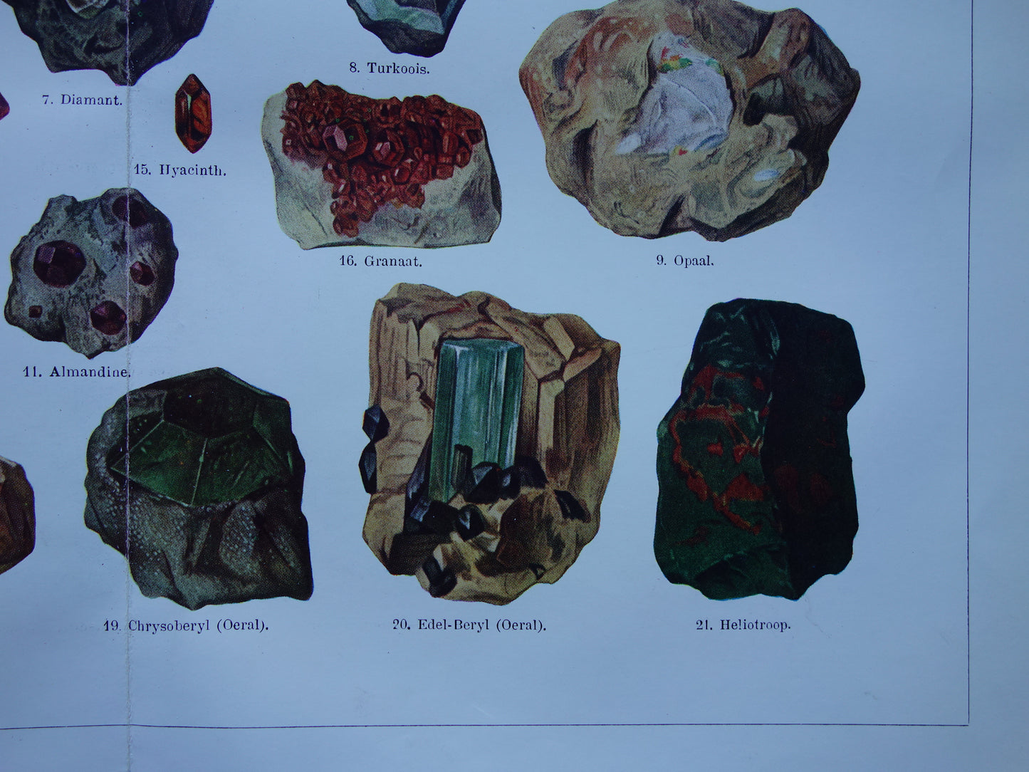 Antieke illustratie edelstenen Smaragd Topaas Toermalijn Oude prent uit 1916 Originele Nederlandse  edelsteen print Amethyst