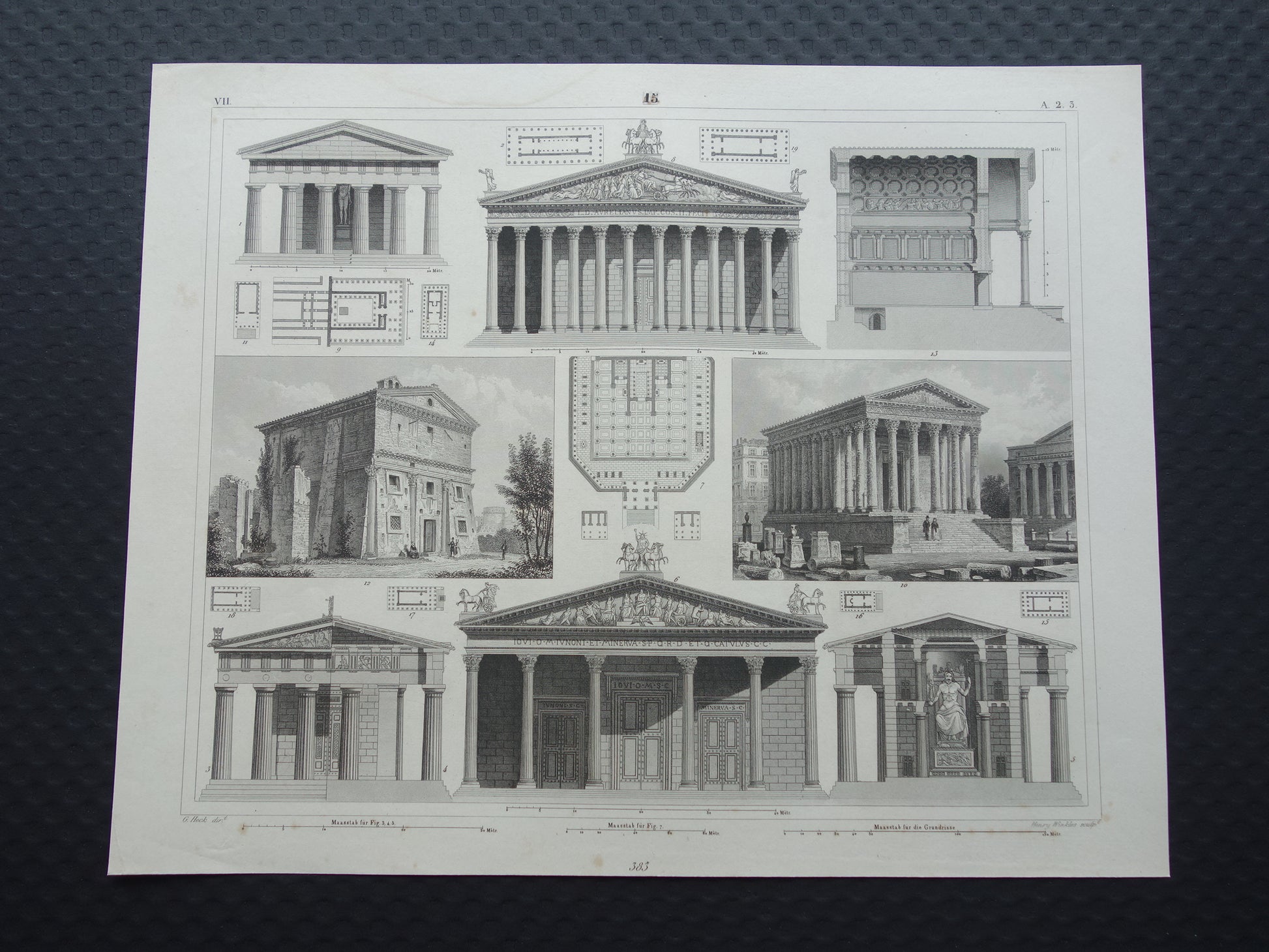 Vintage print van Griekse en Romeinse architectuur Originele antieke illustratie tempels Oude prenten tempel Rome Nîmes