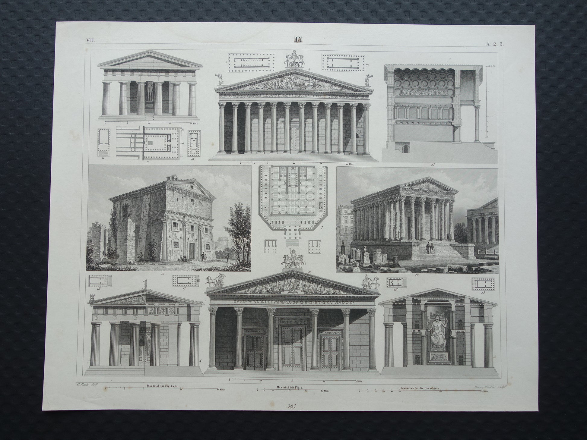 Vintage print van Griekse en Romeinse architectuur Originele antieke illustratie tempels Oude prenten tempel Rome Nîmes