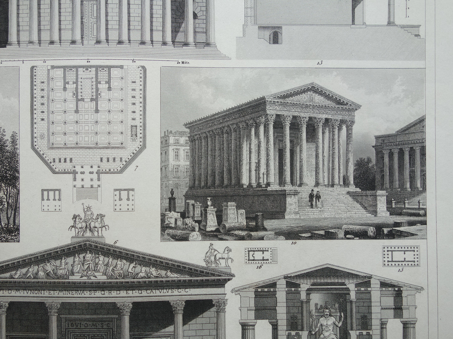 Vintage print van Griekse en Romeinse architectuur Originele antieke illustratie tempels Oude prenten tempel Rome Nîmes