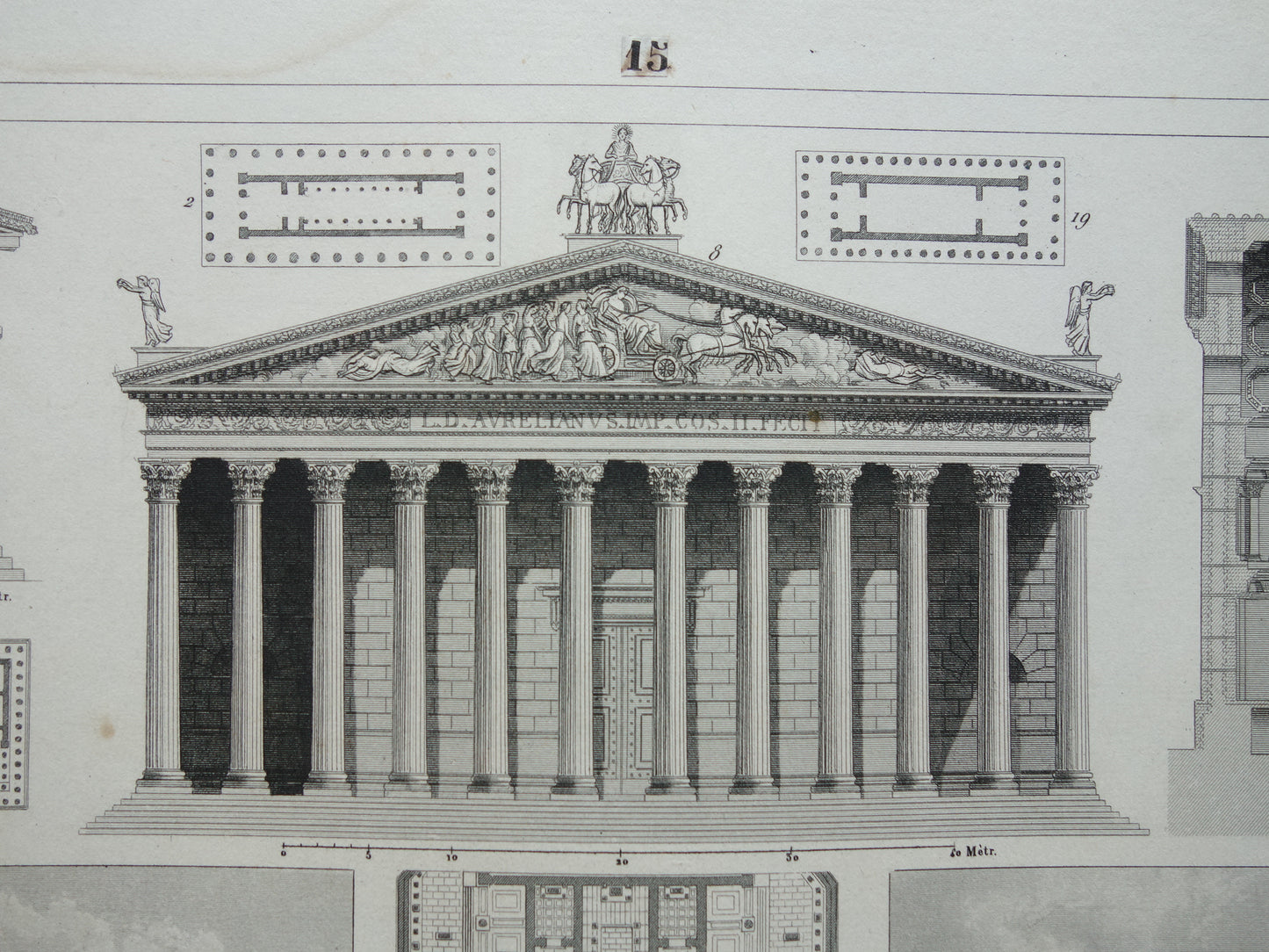 Vintage print van Griekse en Romeinse architectuur Originele antieke illustratie tempels Oude prenten tempel Rome Nîmes