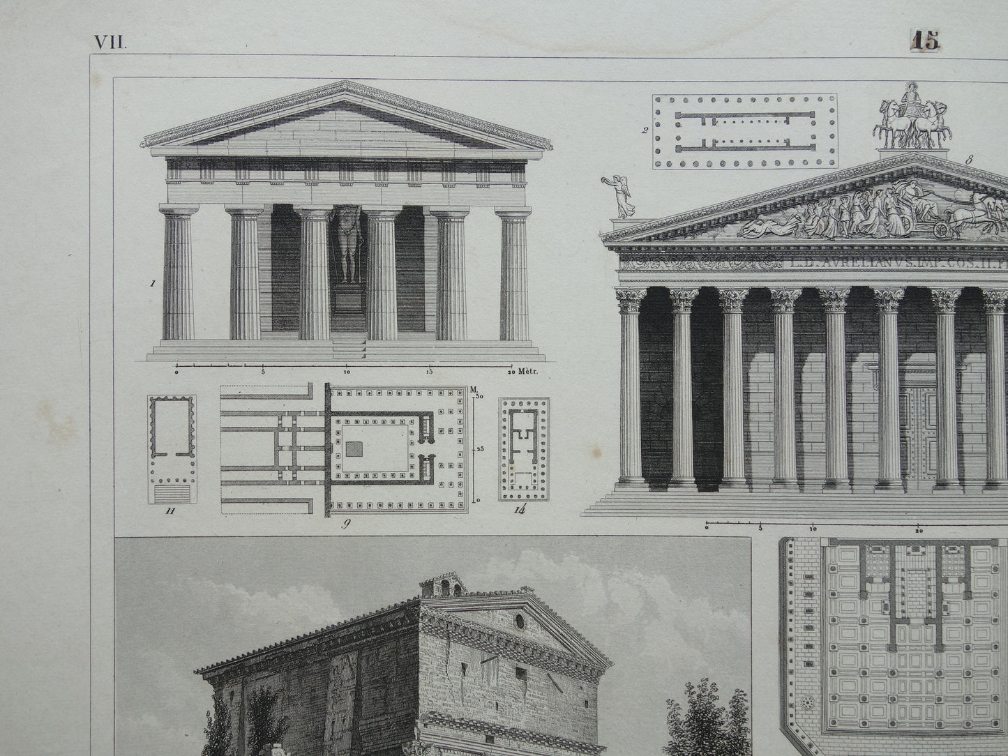 Vintage print van Griekse en Romeinse architectuur Originele antieke illustratie tempels Oude prenten tempel Rome Nîmes